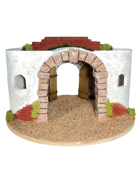 Round Setting in Wood and Plaster with Battery-Operated Lights for Nativity Figures