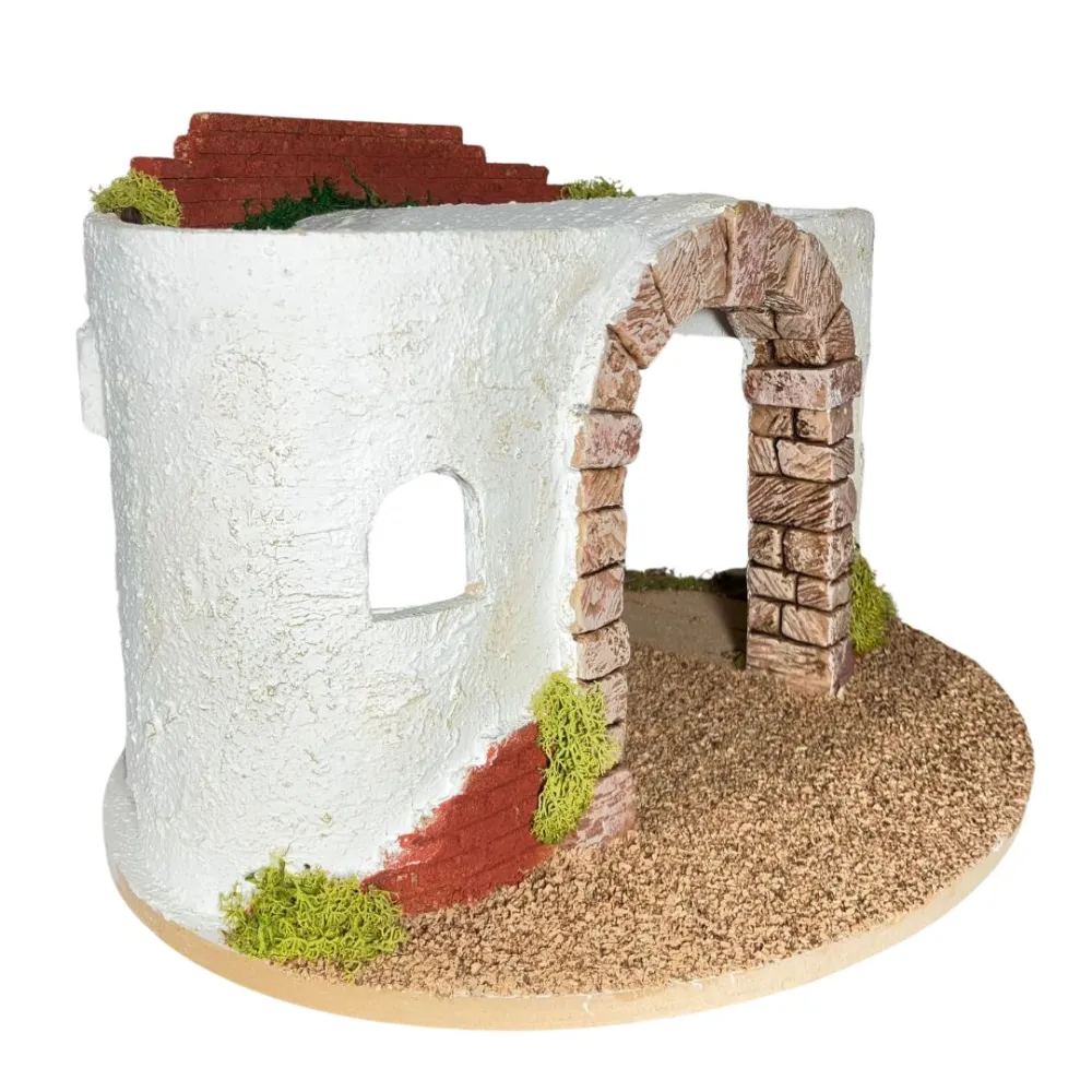 Round Setting in Wood and Plaster with Battery-Operated Lights for Nativity Figures