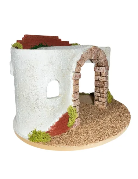 Round Setting in Wood and Plaster with Battery-Operated Lights for Nativity Figures