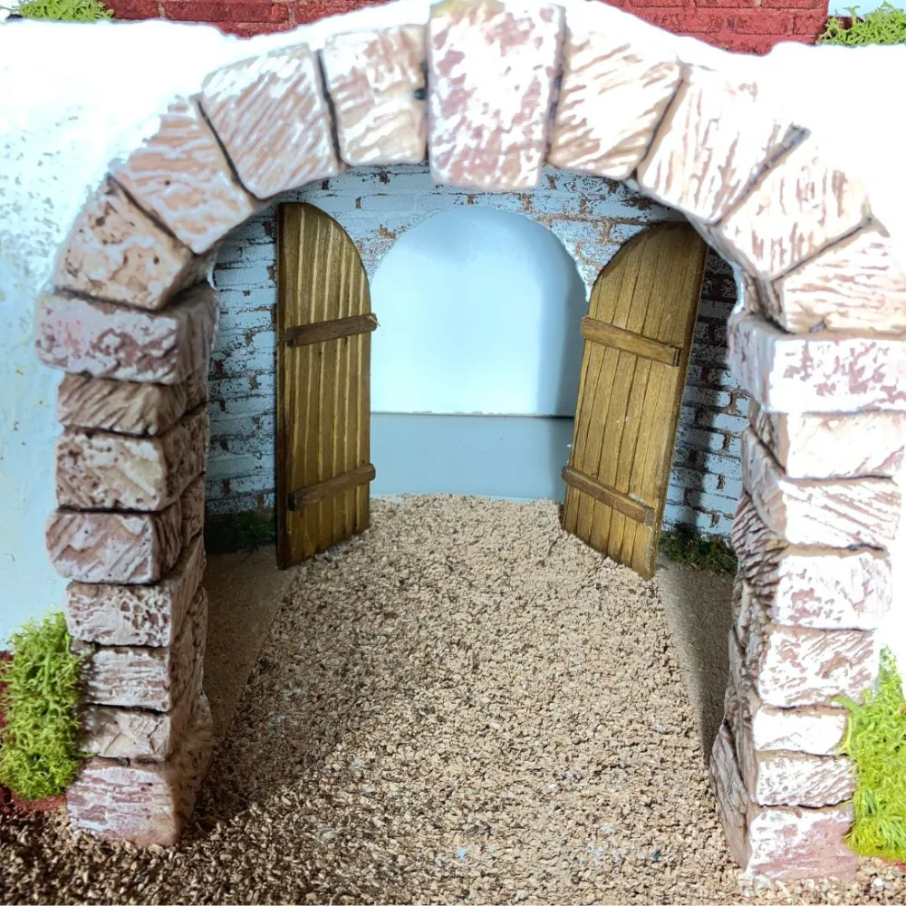 Round Setting in Wood and Plaster with Battery-Operated Lights for Nativity Figures