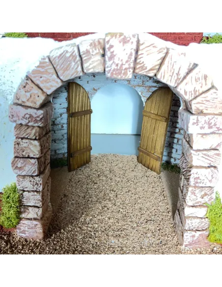 Round Setting in Wood and Plaster with Battery-Operated Lights for Nativity Figures