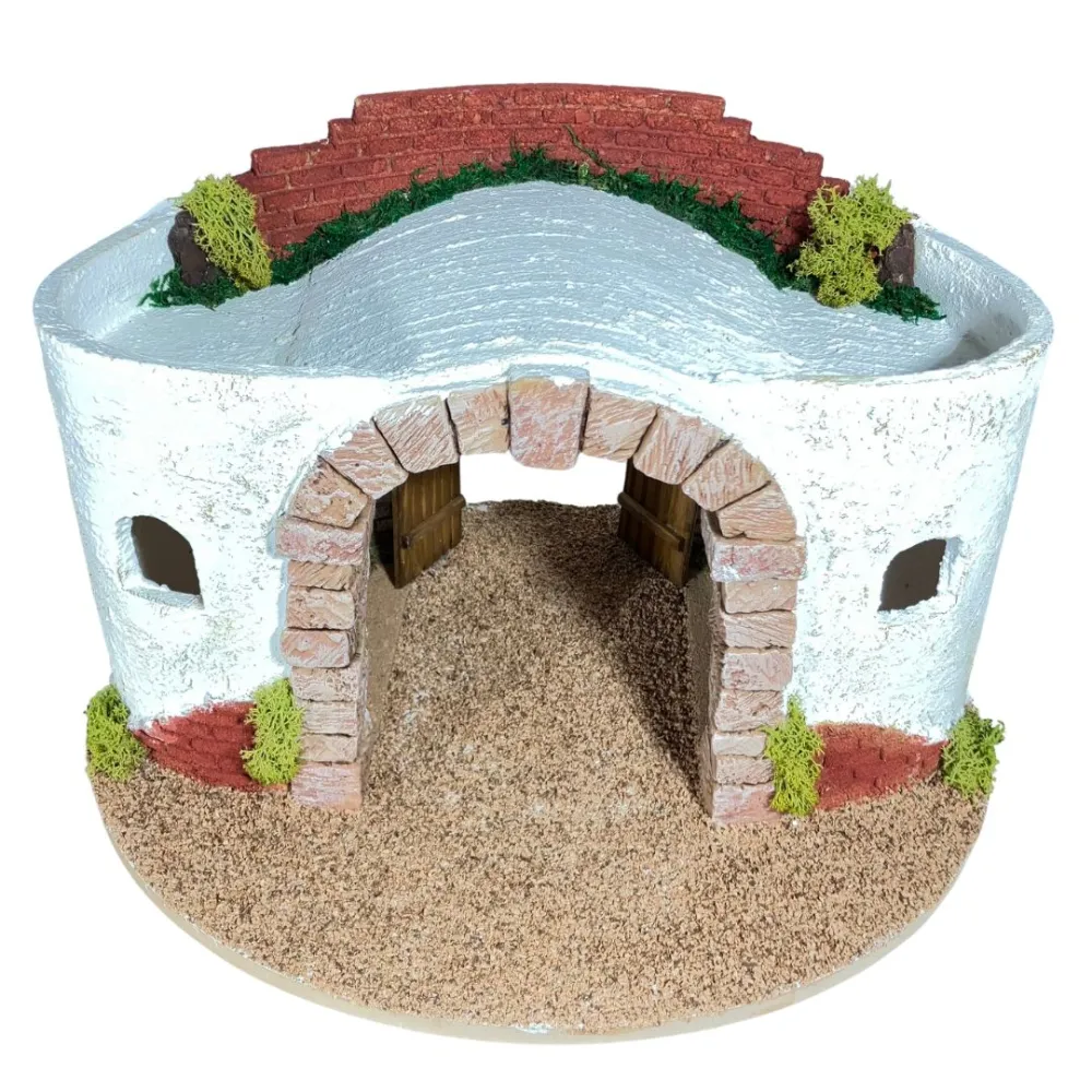 Round Setting in Wood and Plaster with Battery-Operated Lights for Nativity Figures