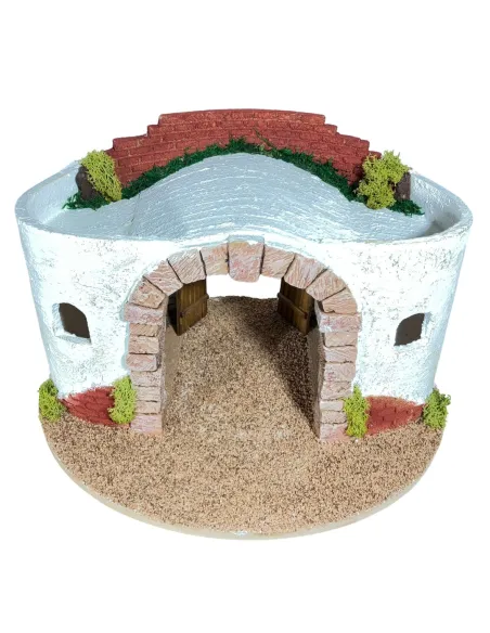 Round Setting in Wood and Plaster with Battery-Operated Lights for Nativity Figures
