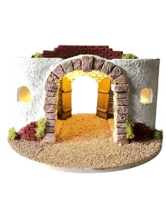 Round Setting in Wood and Plaster with Battery-Operated Lights for Nativity Figures