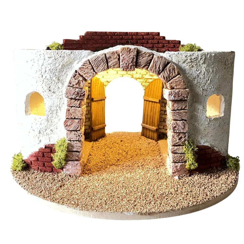 Round Setting in Wood and Plaster with Battery-Operated Lights for Nativity Figures