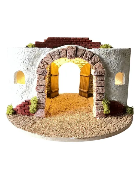 Round Setting in Wood and Plaster with Battery-Operated Lights for Nativity Figures