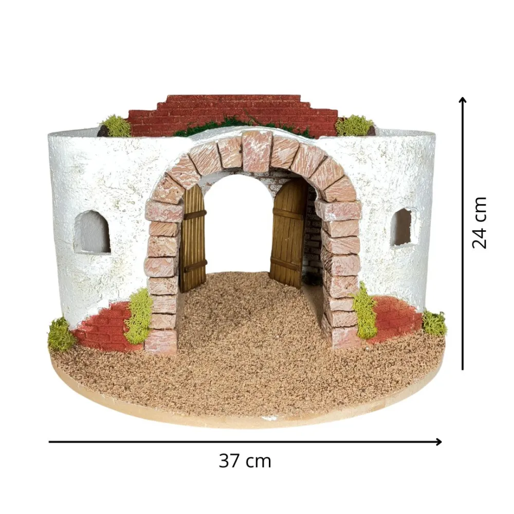 Round Setting in Wood and Plaster with Battery-Operated Lights for Nativity Figures