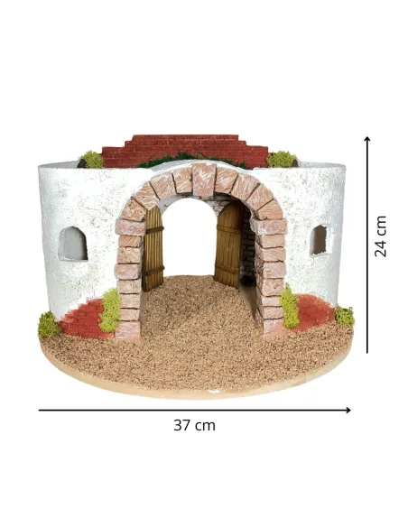 Round Setting in Wood and Plaster with Battery-Operated Lights for Nativity Figures