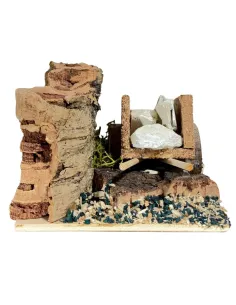 Scenetta in sughero con carro carico di pietre per statue da 8 cm 2