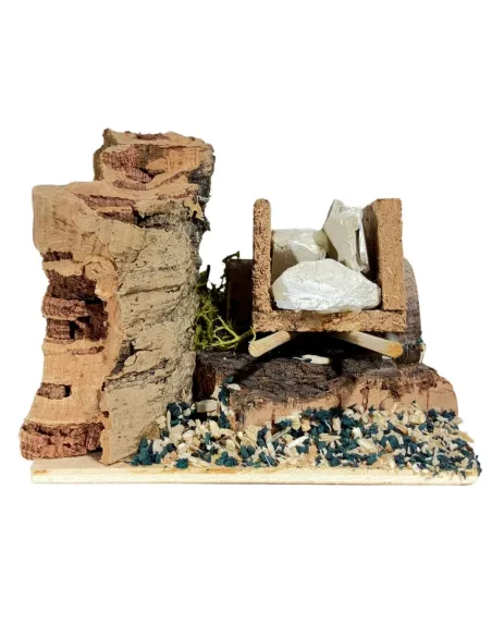 Scenetta in sughero con carro carico di pietre per statue da 8 cm