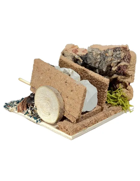 Scenetta in sughero con carro carico di pietre per statue da 8 cm