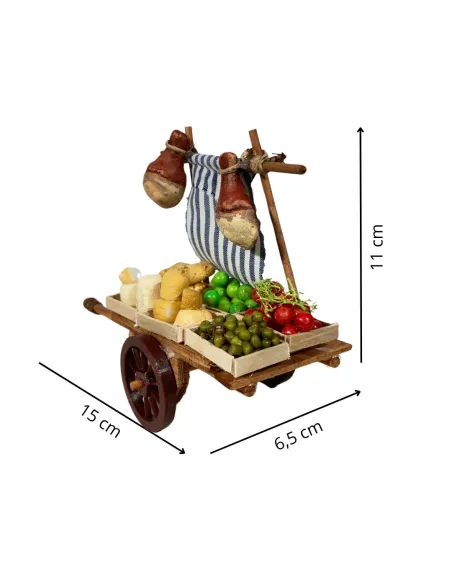 Carretto in legno con frutta, verdura, pane e formaggi per statue da 8-10 cm