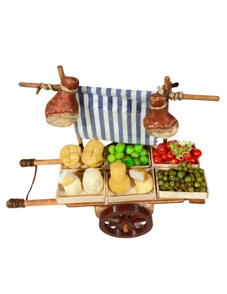 Carretto in legno con frutta, verdura, pane e formaggi per statue da 8-10 cm