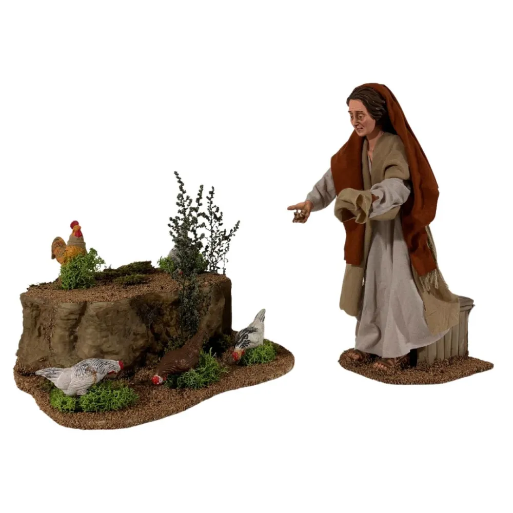 Animated Palestinian Woman Feeding Chickens - 30 cm