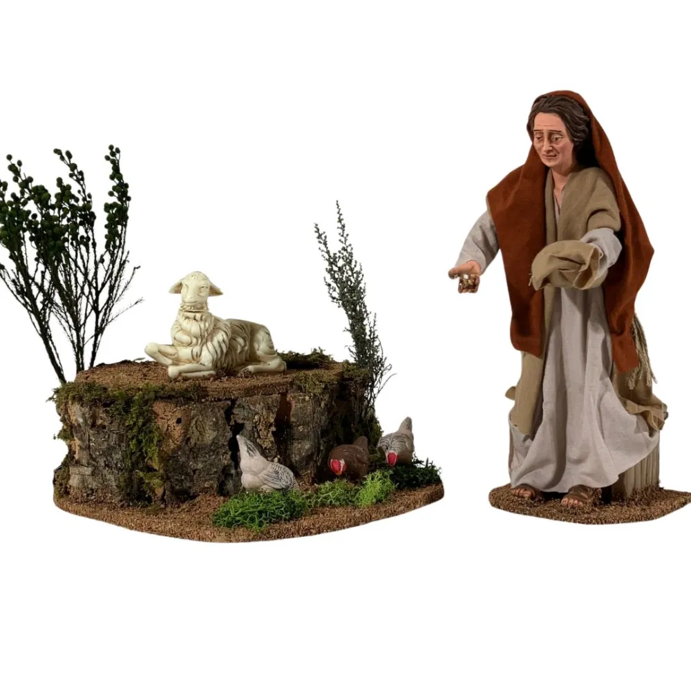 Animated Palestinian Woman Feeding Chickens - 30 cm