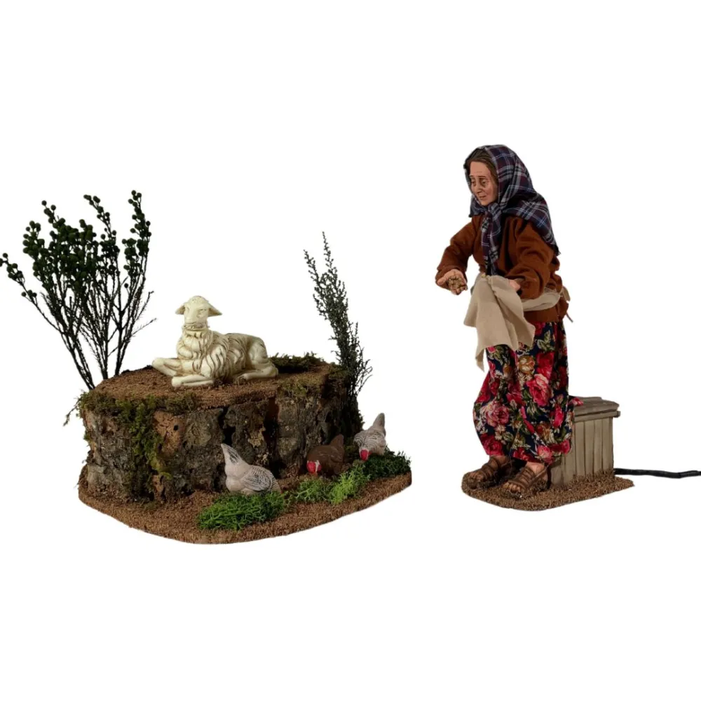 Animated Traditional Woman Feeding Chickens - 30 cm