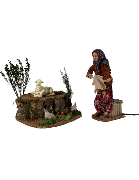 Animated Traditional Woman Feeding Chickens - 30 cm