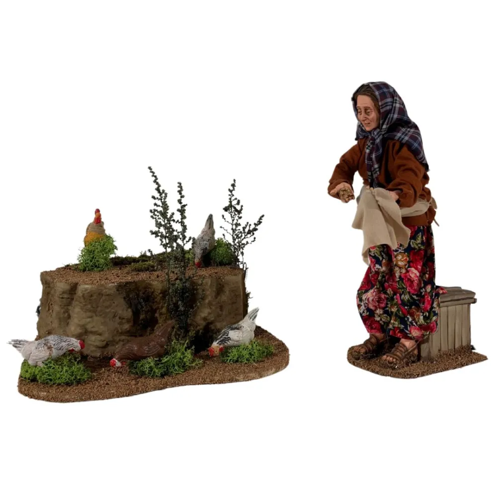 Animated Traditional Woman Feeding Chickens - 30 cm