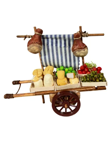 Carretto in legno con frutta, verdura, pane e formaggi per statue da 8-10 cm