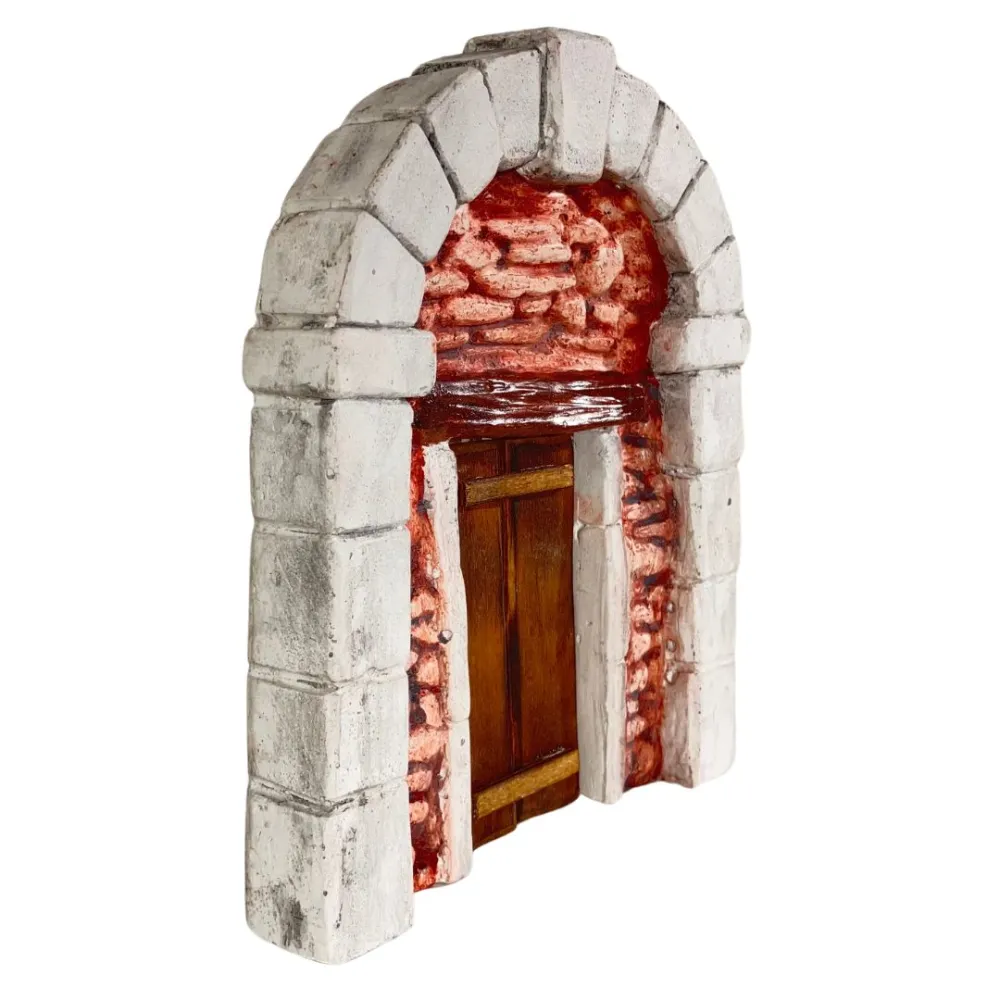 Coloured Plaster Wall with Arch and Wooden Door for 8–10 cm Nativity Figures
