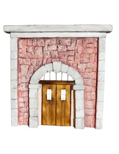 Coloured Plaster Wall with Arch, Metal Grille and Wooden Door for 10–12 cm Nativity Figures
