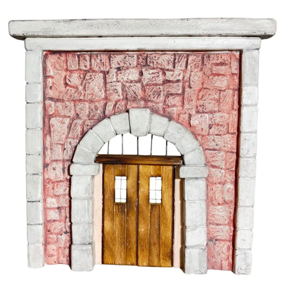 Coloured Plaster Wall with Arch, Metal Grille and Wooden Door for 10–12 cm Nativity Figures