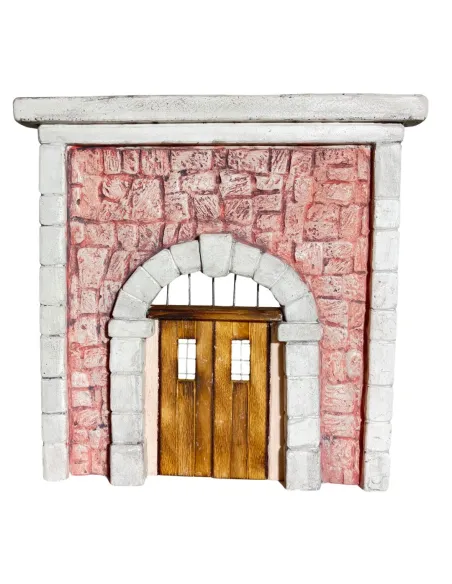 Coloured Plaster Wall with Arch, Metal Grille and Wooden Door for 10–12 cm Nativity Figures