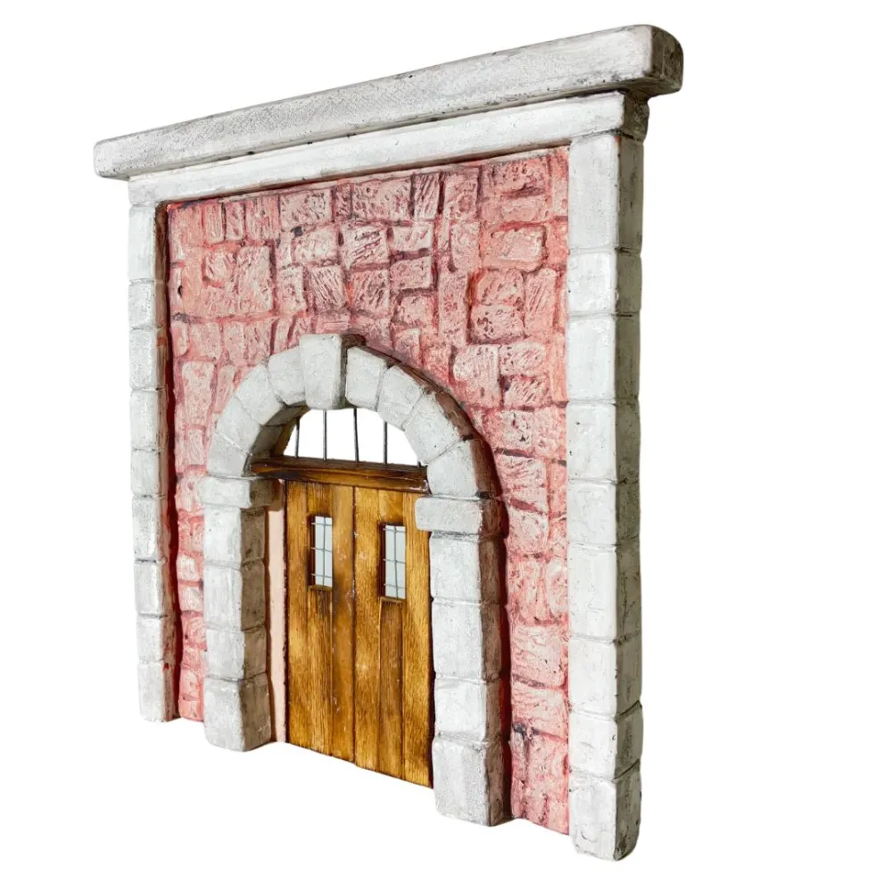 Coloured Plaster Wall with Arch, Metal Grille and Wooden Door for 10–12 cm Nativity Figures