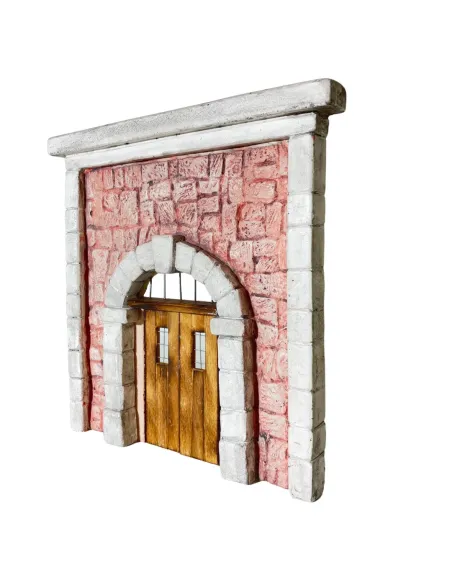 Coloured Plaster Wall with Arch, Metal Grille and Wooden Door for 10–12 cm Nativity Figures