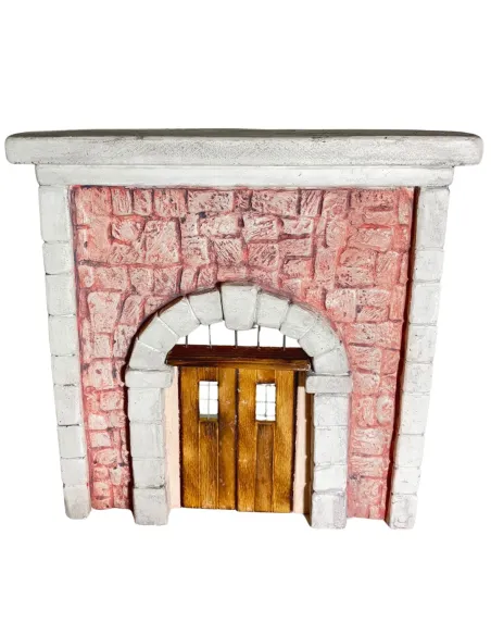 Coloured Plaster Wall with Arch, Metal Grille and Wooden Door for 10–12 cm Nativity Figures