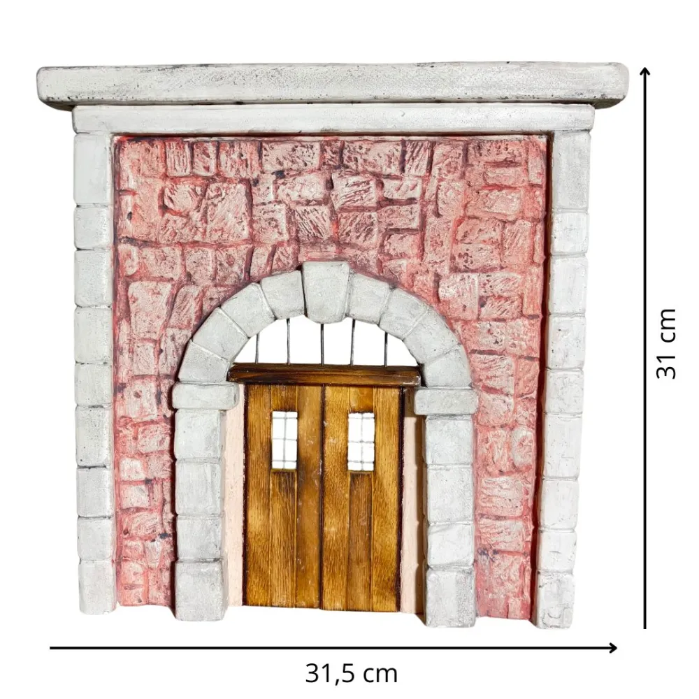 Coloured Plaster Wall with Arch, Metal Grille and Wooden Door for 10–12 cm Nativity Figures