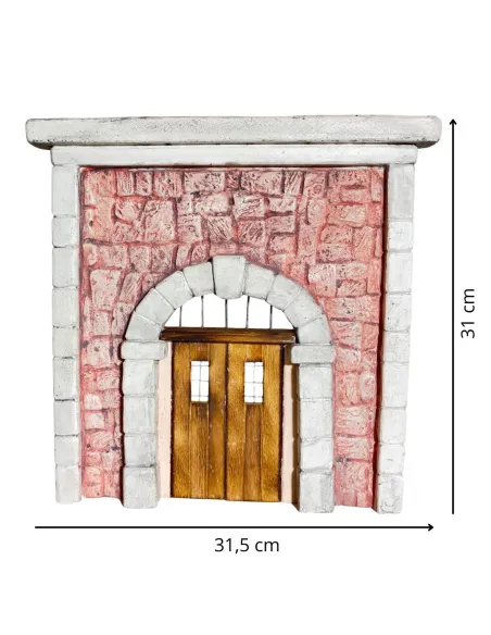 Coloured Plaster Wall with Arch, Metal Grille and Wooden Door for 10–12 cm Nativity Figures