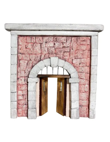 Coloured Plaster Wall with Arch, Metal Grille and Wooden Door for 10–12 cm Nativity Figures