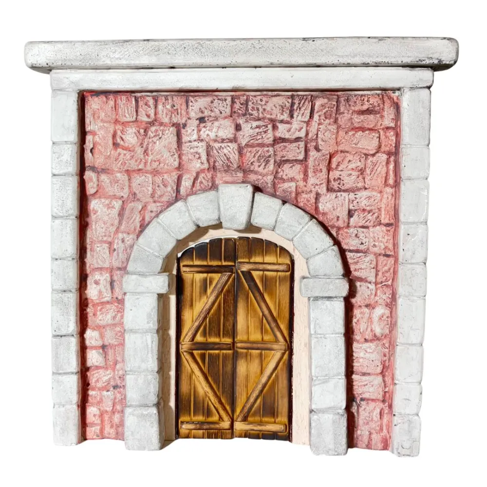 Coloured Plaster Wall with Arch and Arched Wooden Door for 12–15 cm Nativity Figures