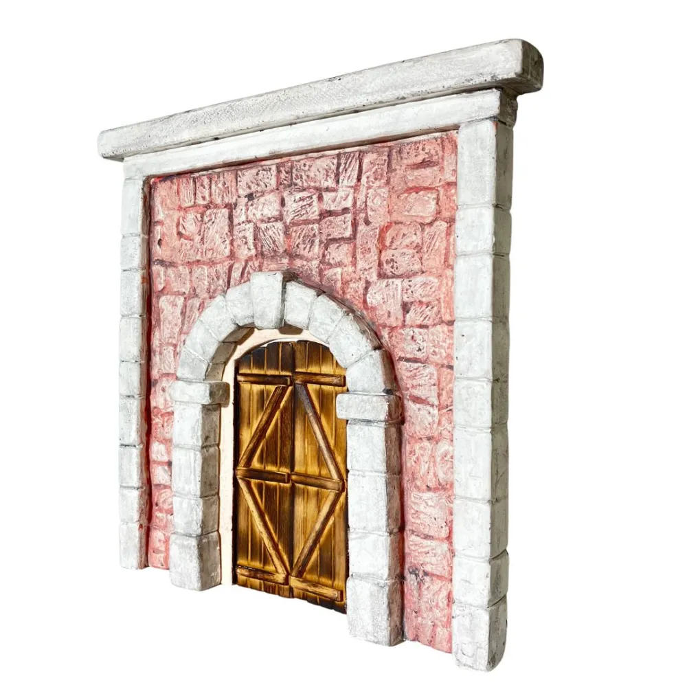 Coloured Plaster Wall with Arch and Arched Wooden Door for 12–15 cm Nativity Figures