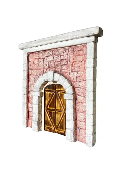 Coloured Plaster Wall with Arch and Arched Wooden Door for 12–15 cm Nativity Figures