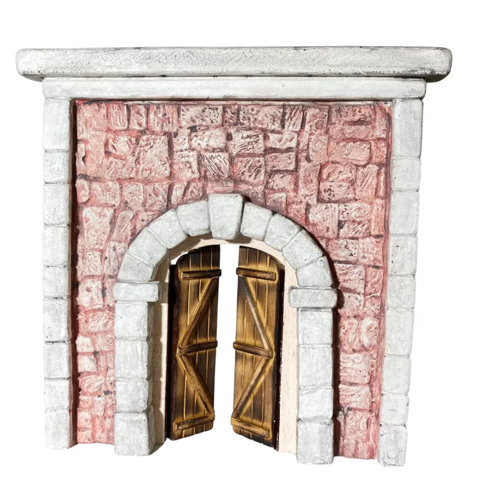 Coloured Plaster Wall with Arch and Arched Wooden Door for 12–15 cm Nativity Figures