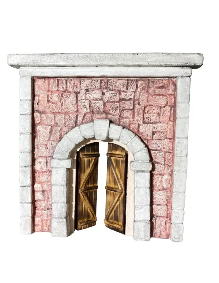 Coloured Plaster Wall with Arch and Arched Wooden Door for 12–15 cm Nativity Figures