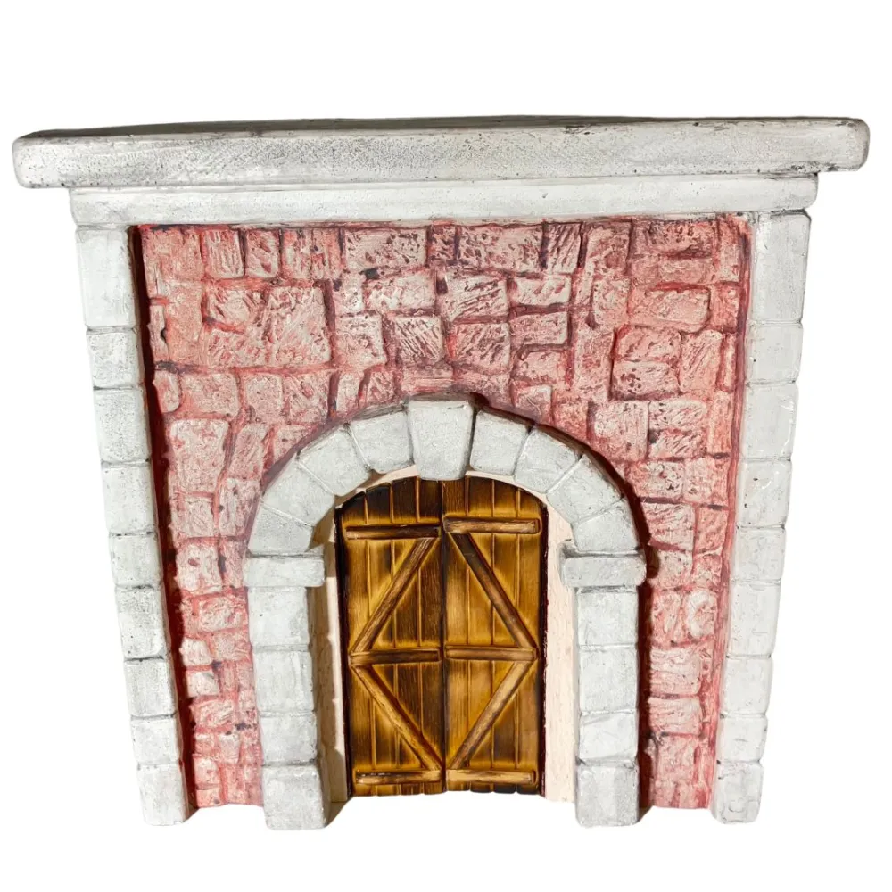 Coloured Plaster Wall with Arch and Arched Wooden Door for 12–15 cm Nativity Figures
