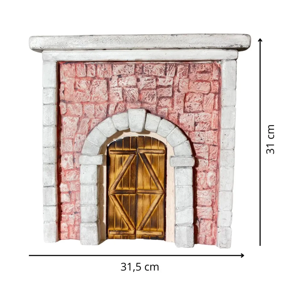 Coloured Plaster Wall with Arch and Arched Wooden Door for 12–15 cm Nativity Figures