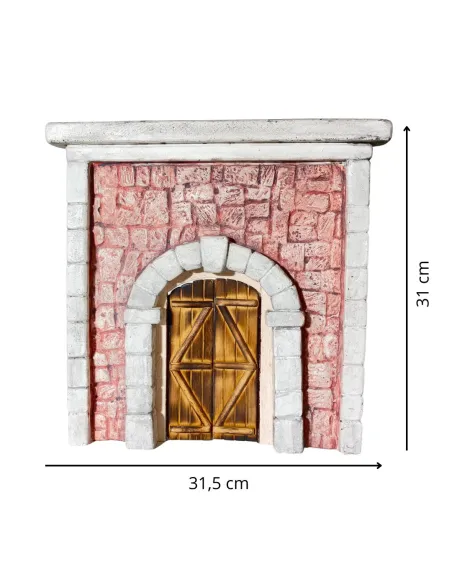 Coloured Plaster Wall with Arch and Arched Wooden Door for 12–15 cm Nativity Figures