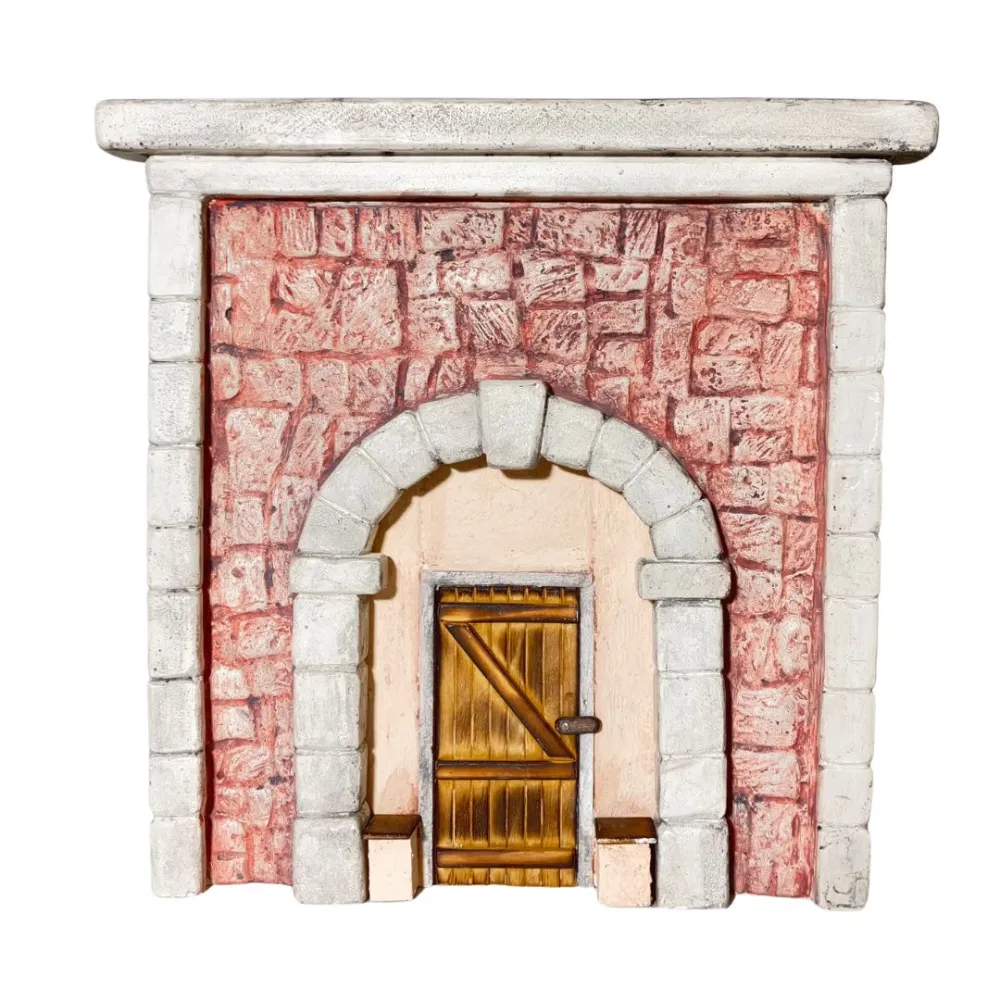 Coloured Plaster Wall with Arch and Rectangular Wooden Door for 10–12 cm Nativity Figures