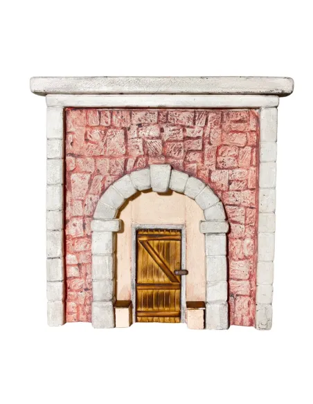 Coloured Plaster Wall with Arch and Rectangular Wooden Door for 10–12 cm Nativity Figures