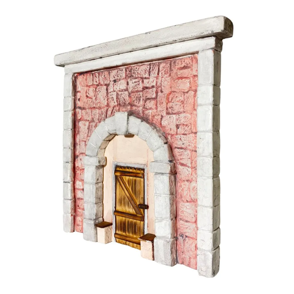 Coloured Plaster Wall with Arch and Rectangular Wooden Door for 10–12 cm Nativity Figures