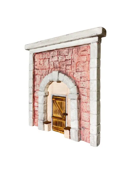 Coloured Plaster Wall with Arch and Rectangular Wooden Door for 10–12 cm Nativity Figures