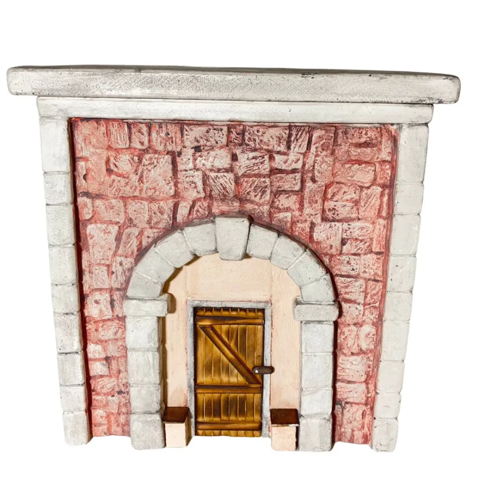 Coloured Plaster Wall with Arch and Rectangular Wooden Door for 10–12 cm Nativity Figures