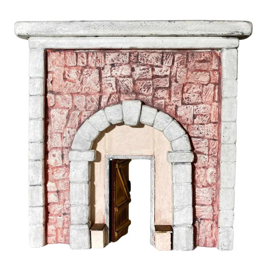 Coloured Plaster Wall with Arch and Rectangular Wooden Door for 10–12 cm Nativity Figures