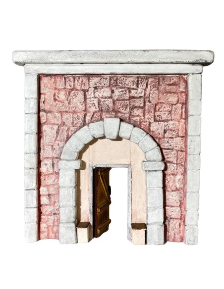 Coloured Plaster Wall with Arch and Rectangular Wooden Door for 10–12 cm Nativity Figures