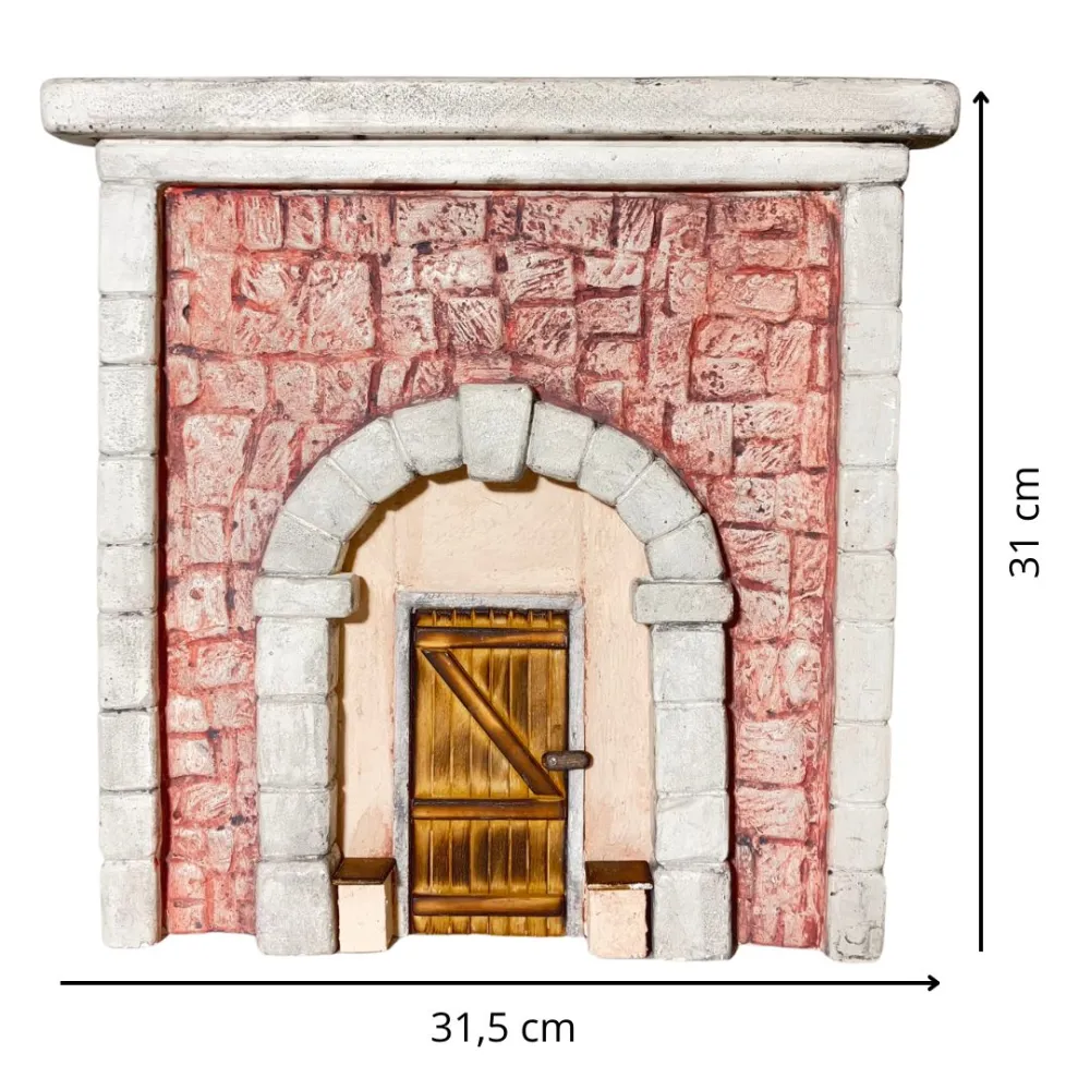 Coloured Plaster Wall with Arch and Rectangular Wooden Door for 10–12 cm Nativity Figures