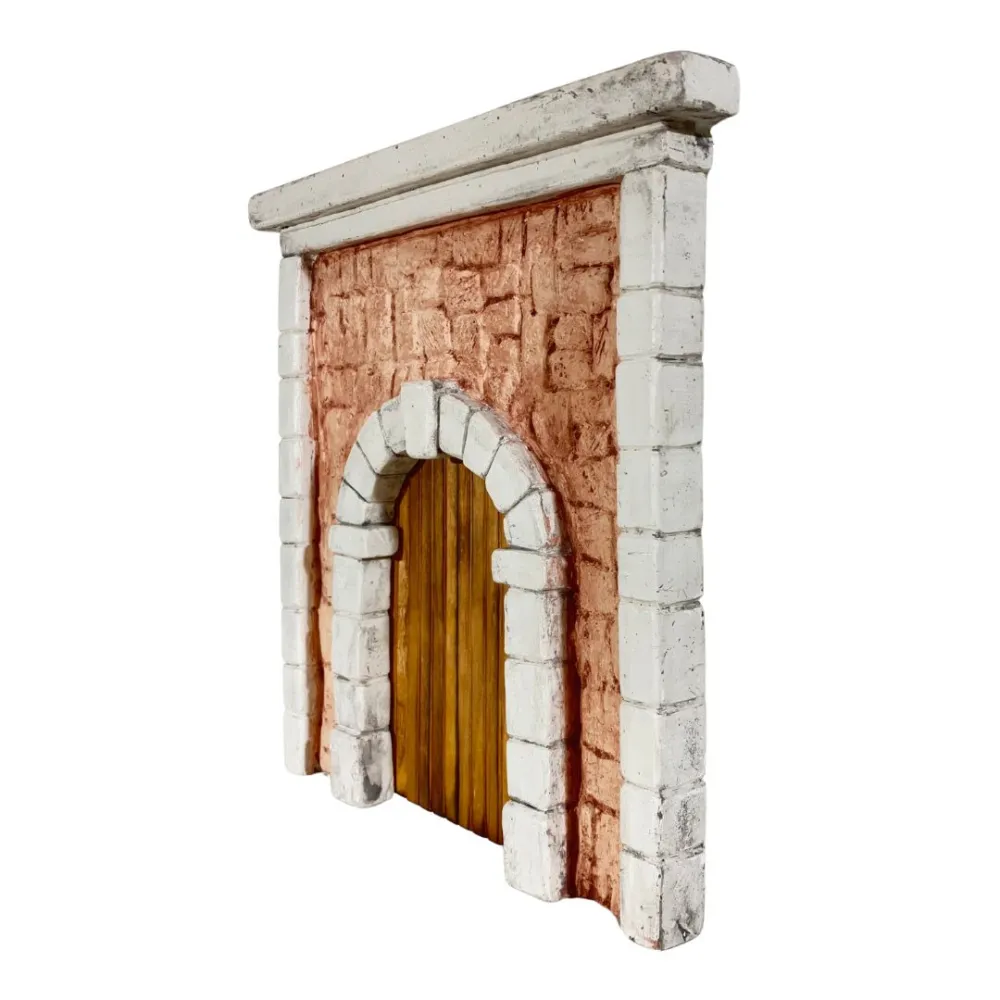 Coloured Plaster Wall with Arch and Double Wooden Door for 12–15 cm Nativity Figures